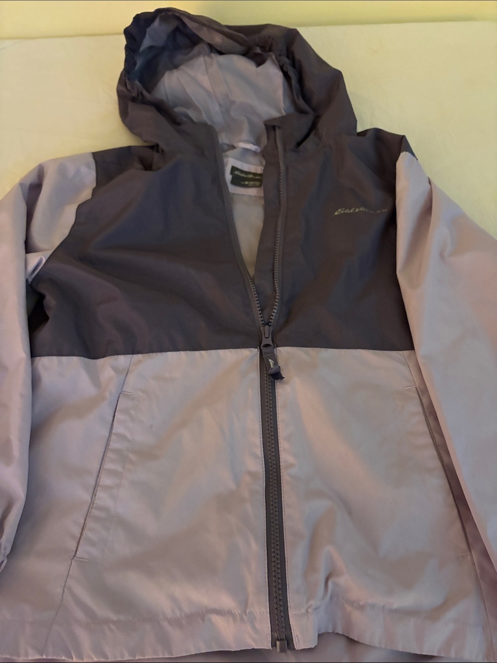 Eddie Bauer Two-Tone Hooded Kids Rain Jacket in Gray and Purple